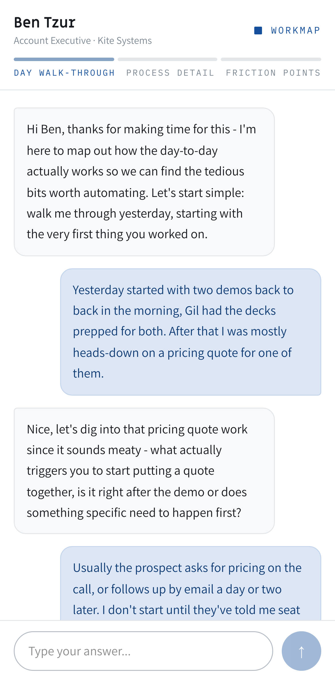The Workmap interview on a phone: the interviewer asks what triggers a pricing quote, and the employee answers in their own words.